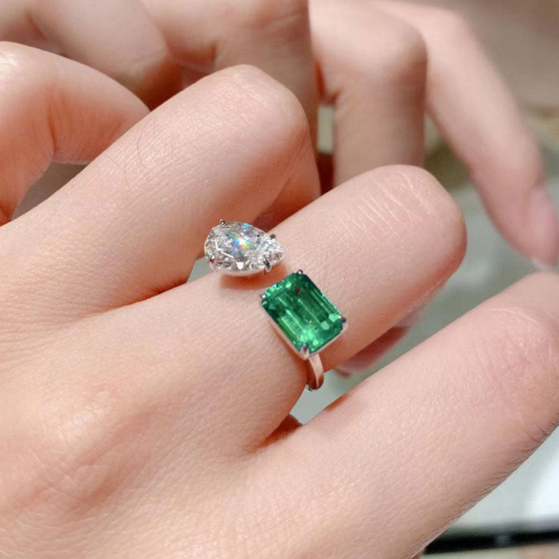 Adjustable Copper Princess Ring Inlaid Zircon Geometric Emerald Tourmaline Inspired Jewelry For Women Trendy Look