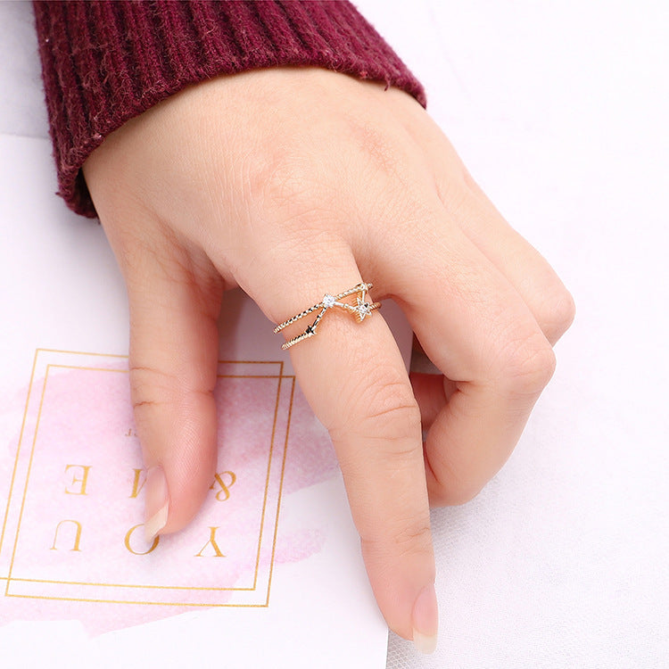 Adjustable Copper Ring With Zircon Inlaid Five Pointed Star Hollow Design Gold Plated Womens Fashion Accessory