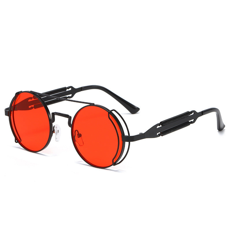 Mens Steampunk Sunglasses With Metal Frame And Plastic Accents Unique Double Spring Leg Design Fashion Eyewear Style