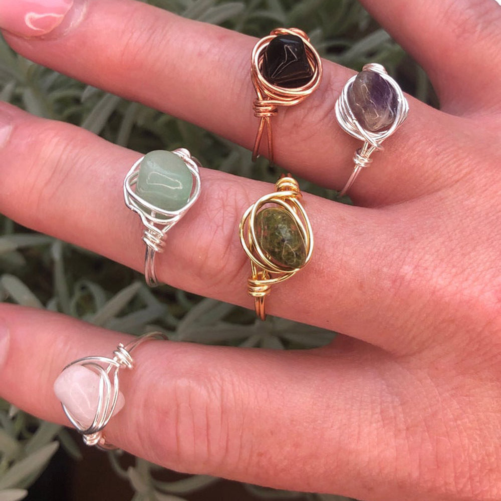 Woven Copper Wire Ring With Natural Crystal A Gemstone Wrapped Finger Ring For Festivals And Special Occasions