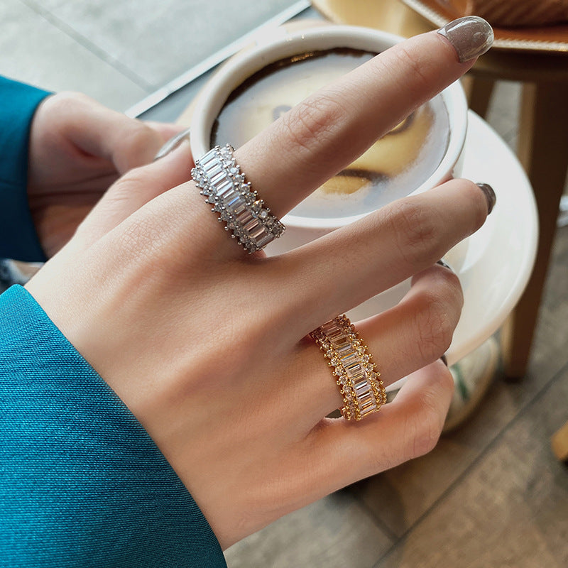 Womens Zircon Inlay Ring Silver Plated Adjustable Opening Retro Geometric Style Jewelry Elegant Classic Finish