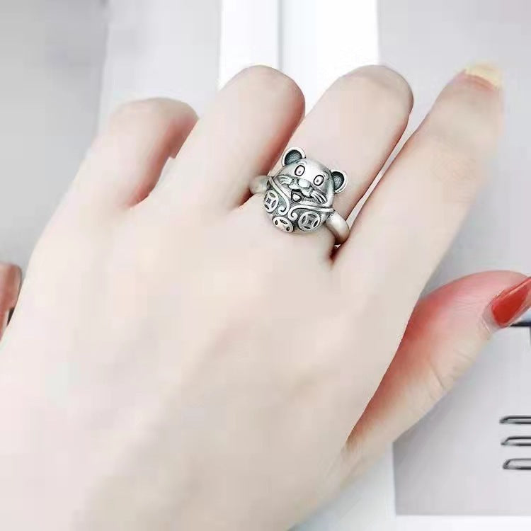 Womens Silver Plated Smiling Face Mouse Ring Retro Distressed Copper Adjustable Fashion Accessory For Women Ideal Gift