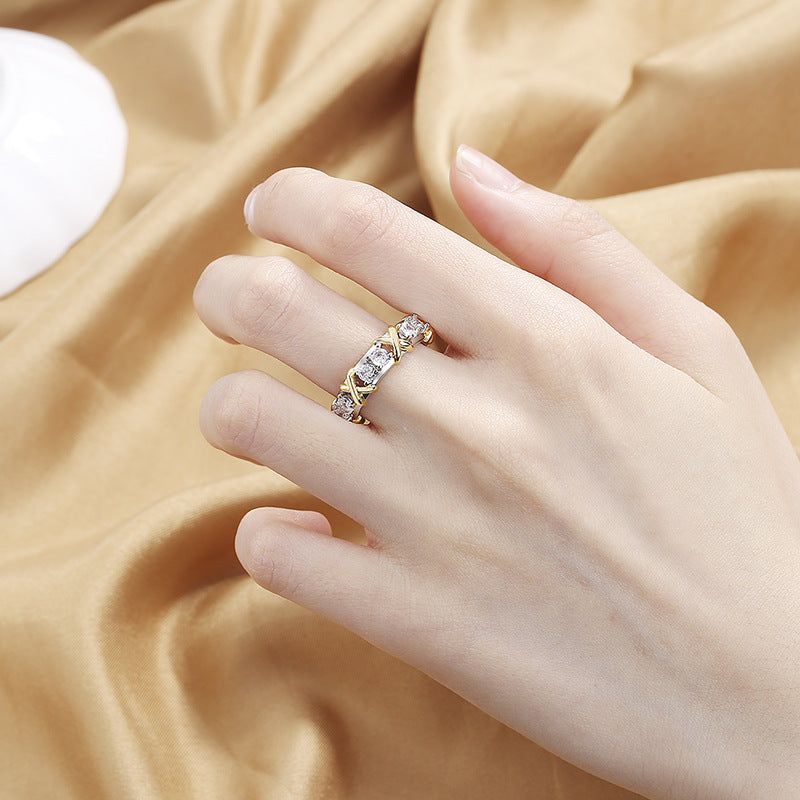 Adjustable Open Copper Ring Inlaid Zircon Letter X Cross Design Ring For Women Color Separation Zircon Accents