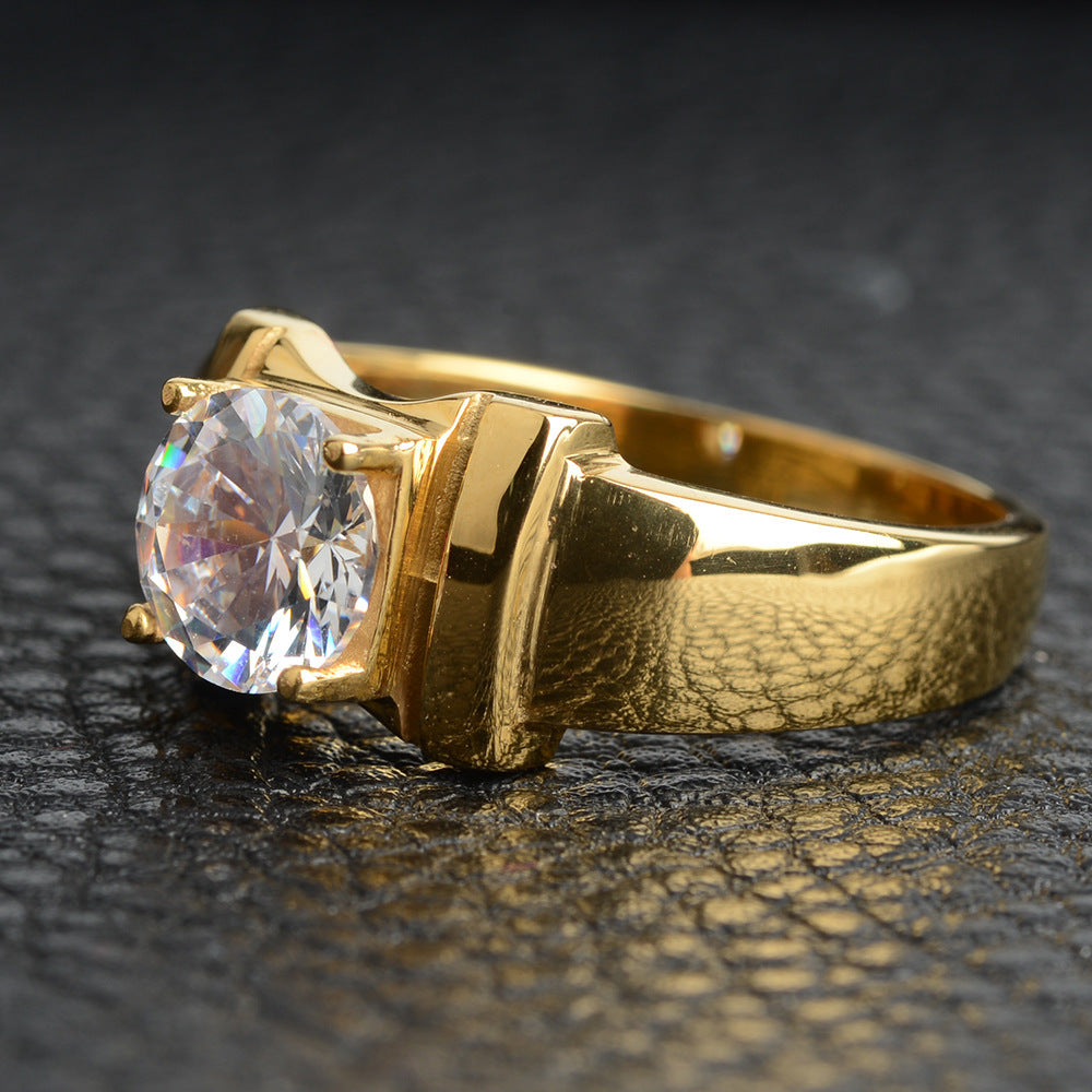 Men's Stainless Steel Ring with Simulation Diamond Inlay Titanium Steel Band Natural Design Ring Gift for Him White Steel or Electric Gold Finish