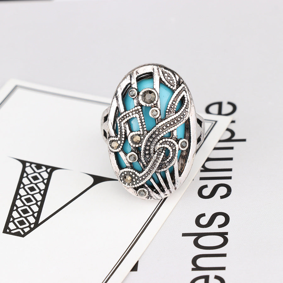 Unisex Music Symbol Ring Retro Hollow Carved Alloy Inlay Gemstone Wave Ring European American Birthday Gift Idea
