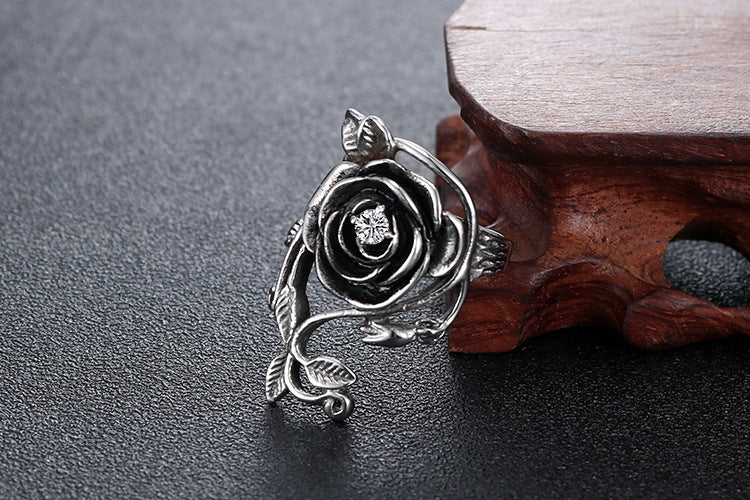 Black Rose Stainless Steel Band Ring With White Diamonds