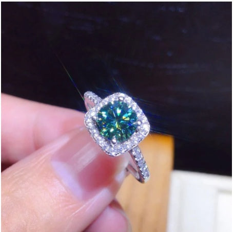 Artificial Blue And Green Moissan Diamond Full Diamond Ring Copper Gold Plated Inlay Gems Womens Adjustable Style Korean