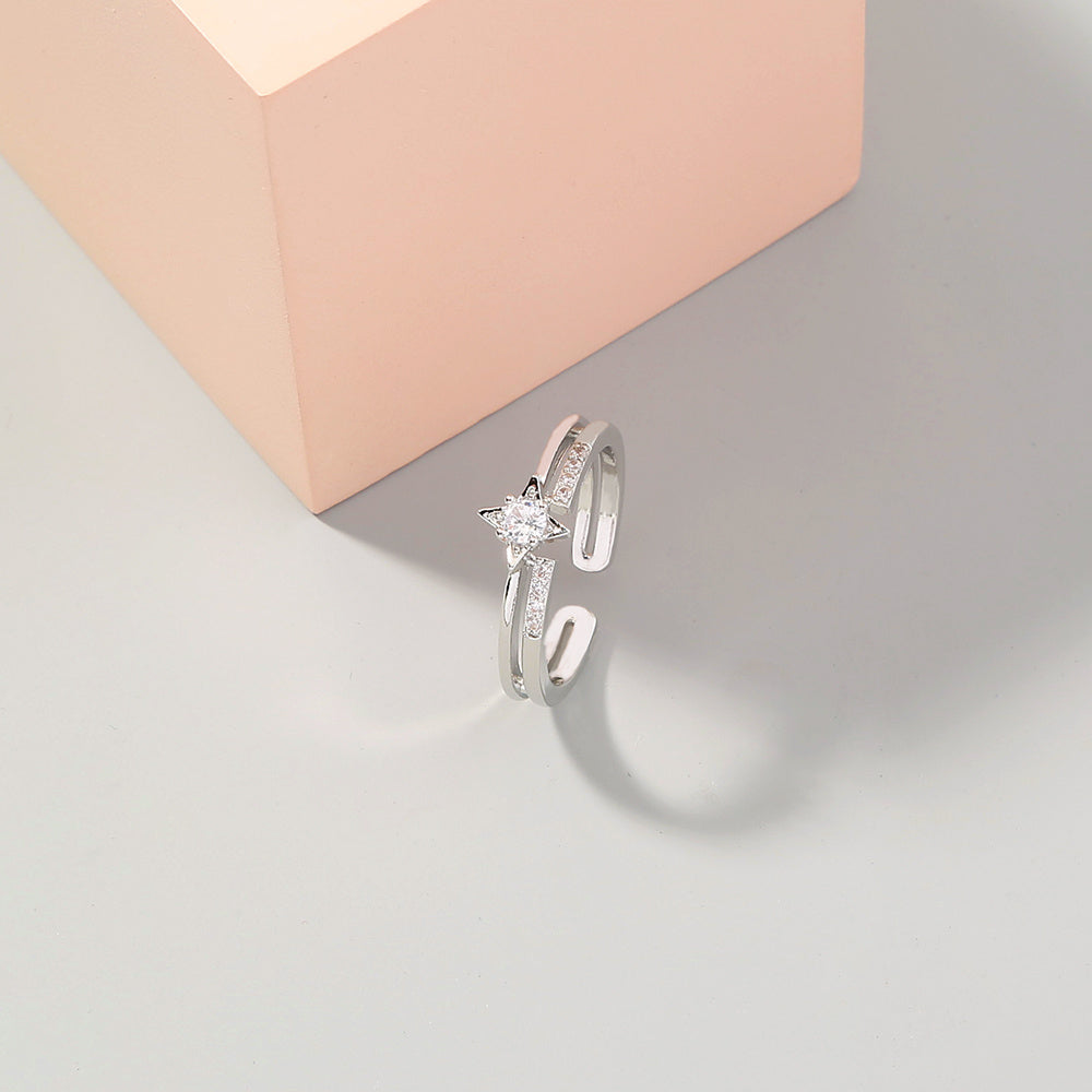Zircon Sky Star Adjustable Ring Copper Electroplated Celestial Jewelry European American Trendy Statement Piece