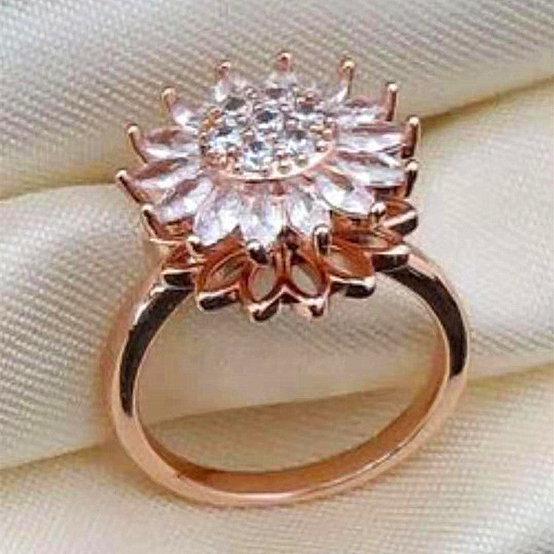 Rotating Sunflower Ring With Full Diamond Adjustable Opening Gold Rose Gold White Gold Women Jewelry Korean Style