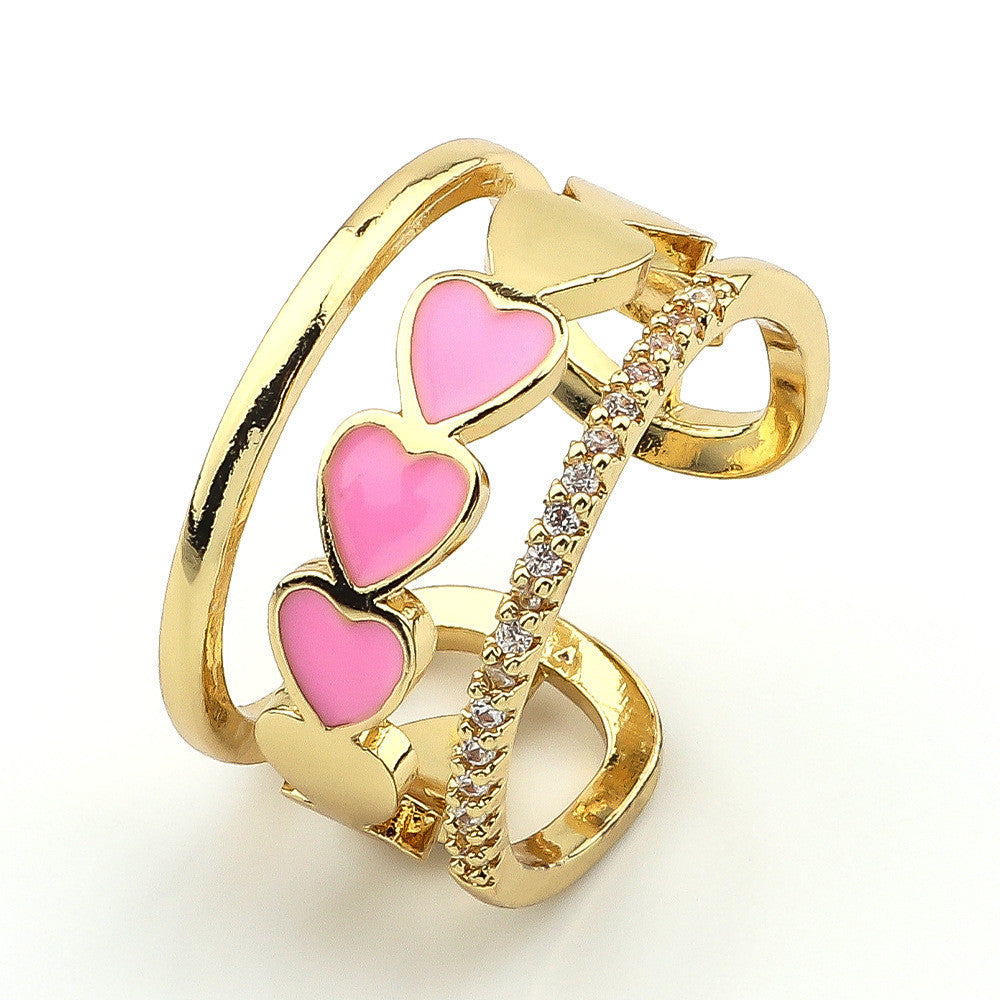 Heart Shaped Zircon Inlaid Copper Ring With Dripping Oil Design Elegant Fashion Jewelry Gift For Her Durable Quality