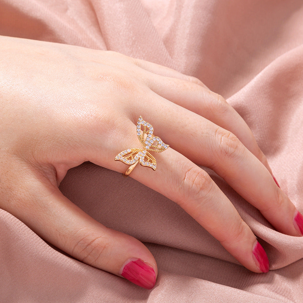 Adjustable Butterfly Copper Ring With Zircon Inlay Geometric Design Women Girls Opening Band Elegant Jewelry Gift