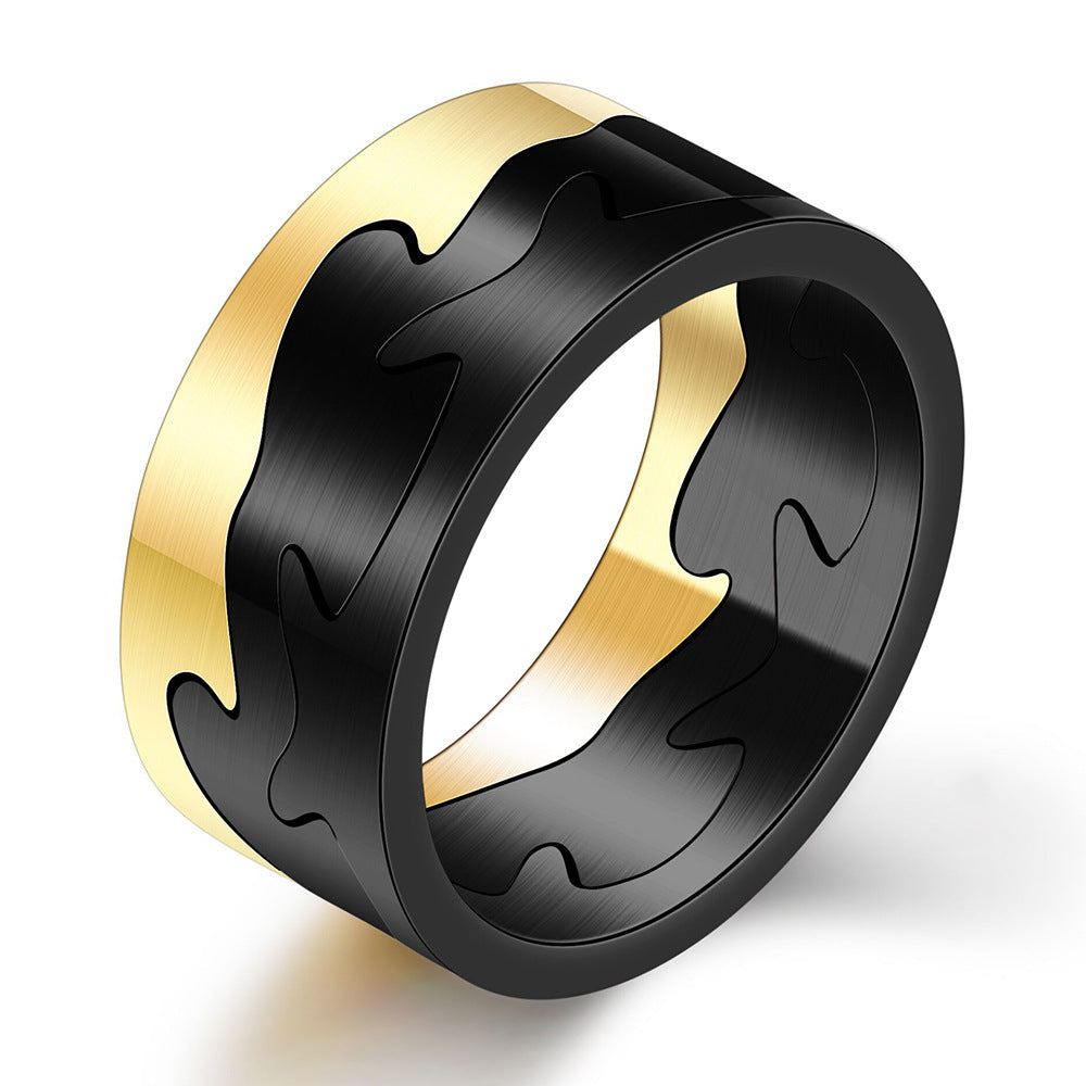 Stainless Steel Two Tone Stitching Ring Black Gold Steel Gold Unisex Size 8 9 10 11 Durable Hypoallergenic Comfort Fit