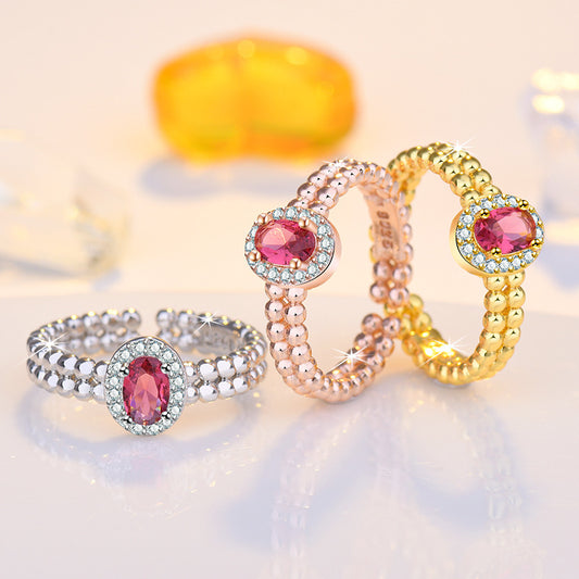 Adjustable Copper Ring With Inlaid Red Stone Geometric Design