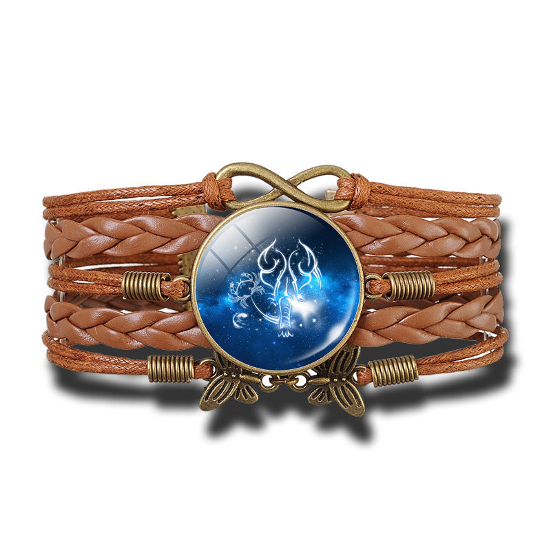Woven Constellation Leather Bracelet Adjustable Vintage Style with Gemstone Pendant and Extender Chain Jewelry