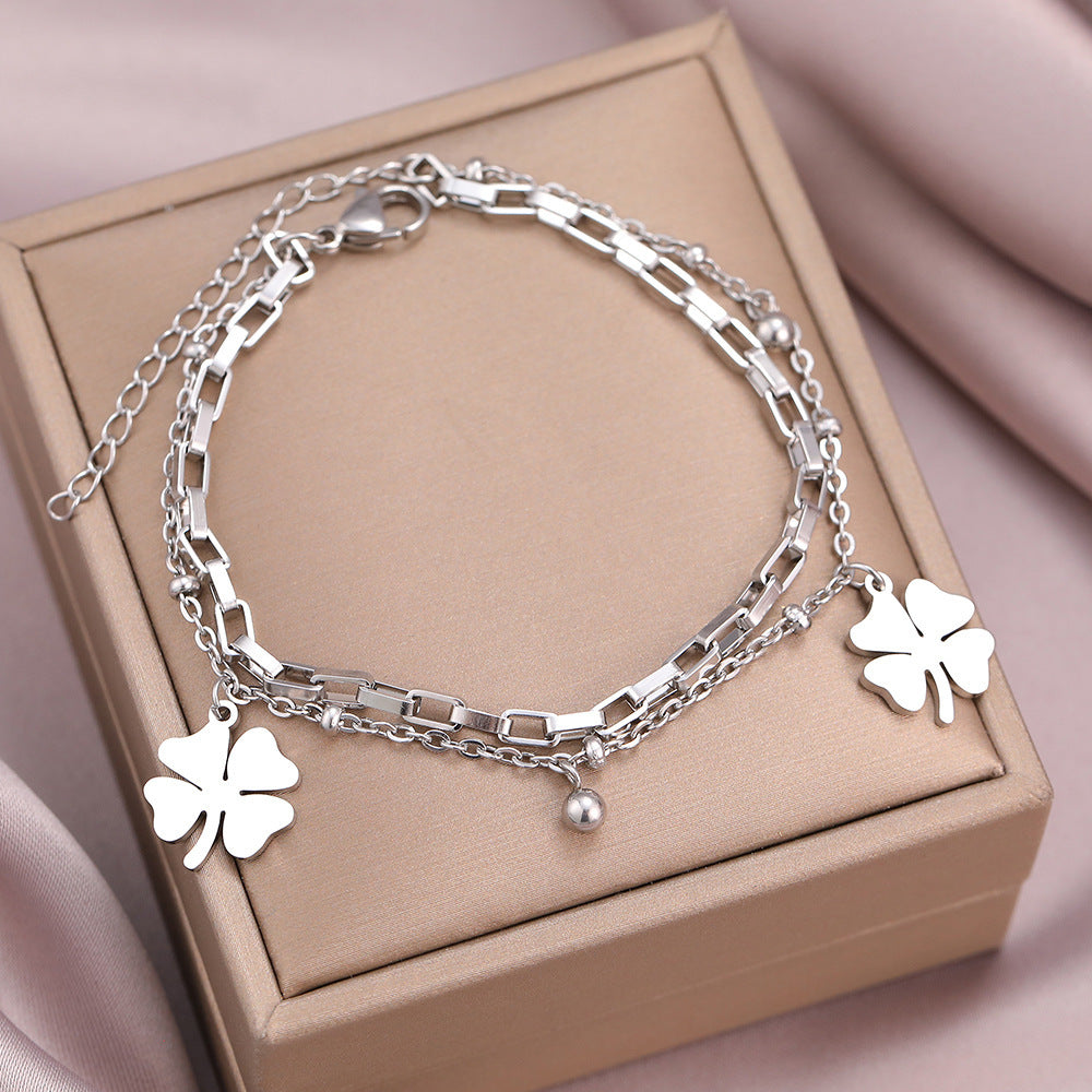 Womens Titanium Steel Bracelet With Flower And Lucky Clover Pendant Electroplated Designs Court Jewelry Elegant