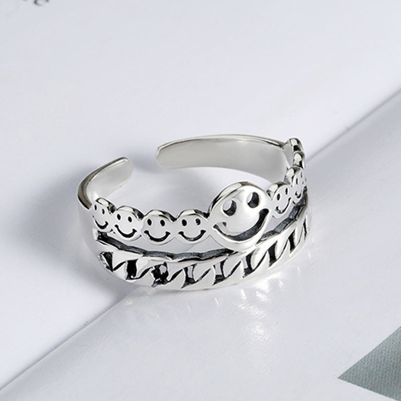 Unisex Retro Smiley Face Ring Adjustable Copper Ring Silver Fashion Jewelry 9mm Thick Band Ring For Women Thai