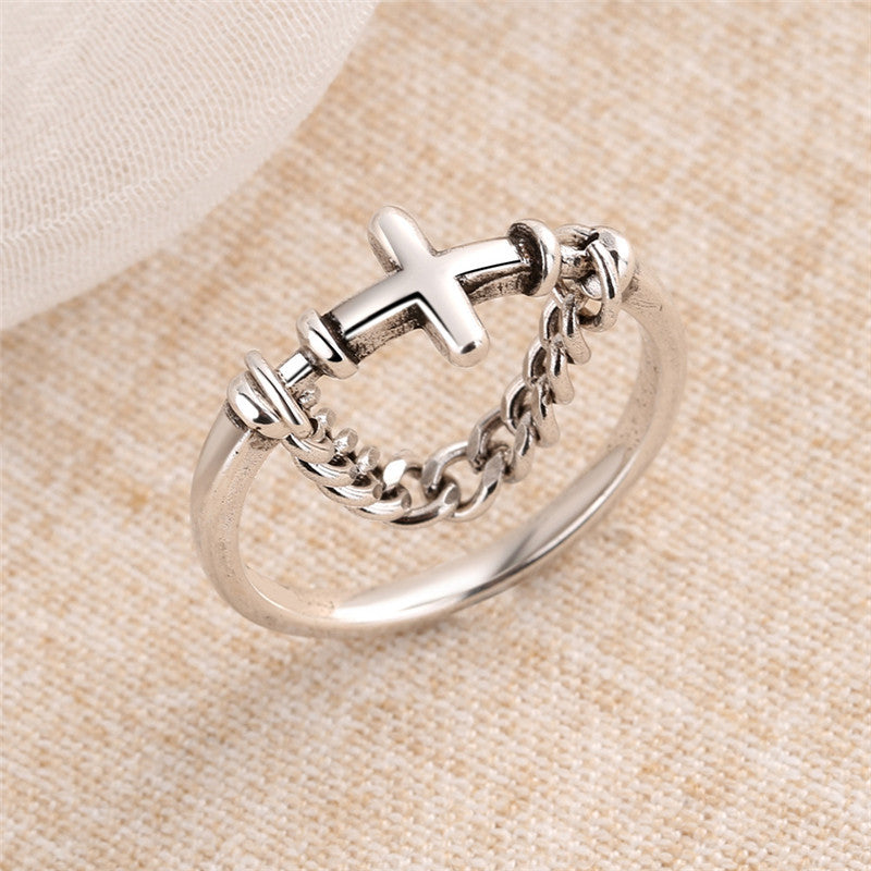 Punk Street Retro Cross Chain Ring Copper Electroplated Geometry Jewelry Thai Silver Style Vintage Silver Tone