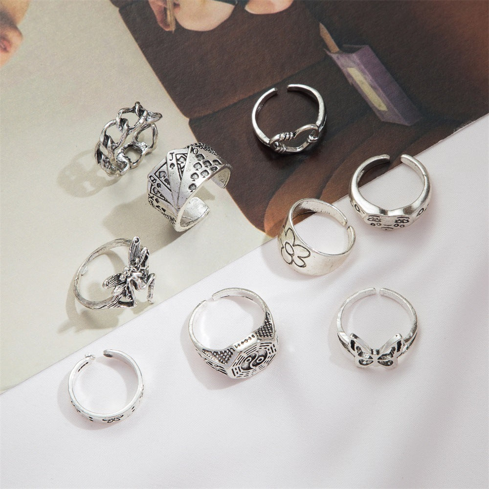 Womens Fashion Rings Set With Animal Metal Pattern Geometry And 3D Decor Elements Retro Ring Set Snake Butterfly Heart