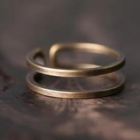 Adjustable Brass Ring With Open Mouth U Shaped Geometry Dotted Pattern Retro Electroplated Finish With Dots Details