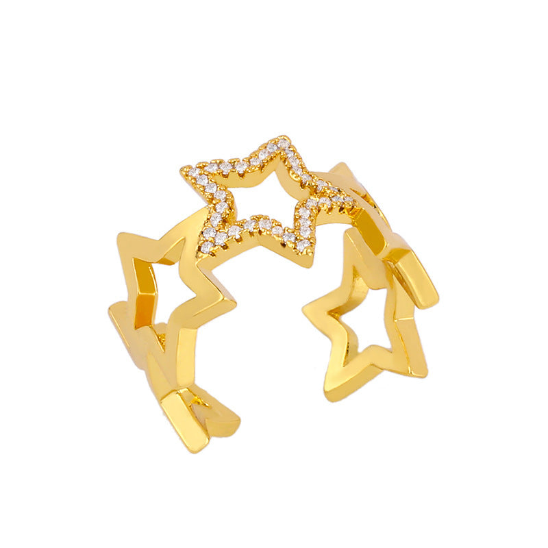 Womens Star Diamond Ring Adjustable Open Gold Plated