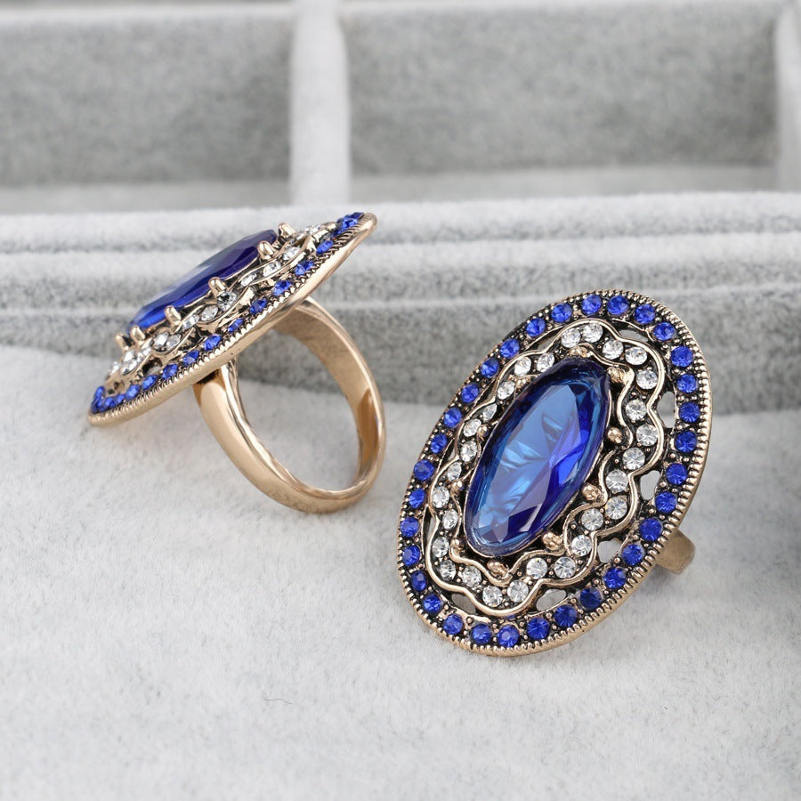 Womens Bohemian Ring Geometric Inlay Oval Alloy Fashion Ring Retro Statement Ring With Artificial Gem For Travel