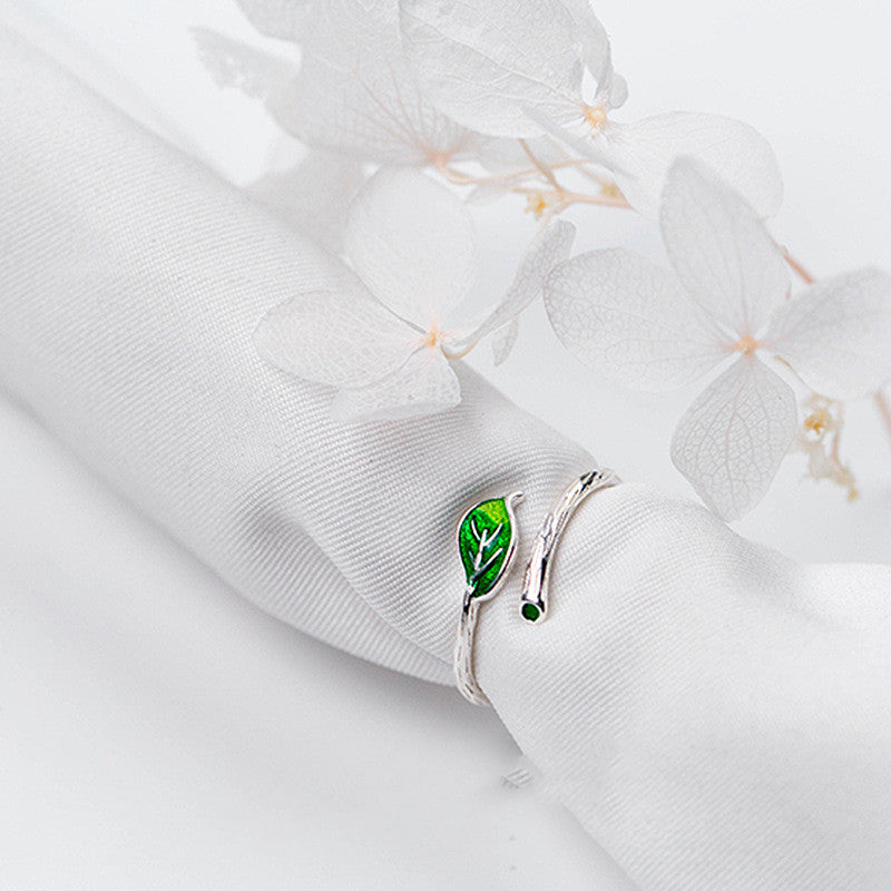 Green Leaf Open Ring for Women Simple Branch Design Artistic Leaf Copper Jewelry Graceful Leaf Pattern Jewelry
