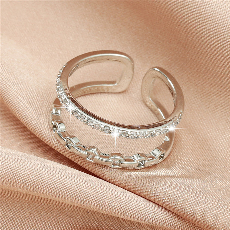 Geometric Hollow Ring Double Row Zircon Copper Band Ring for Women and Girls Everyday Wear Jewelry Gift Always