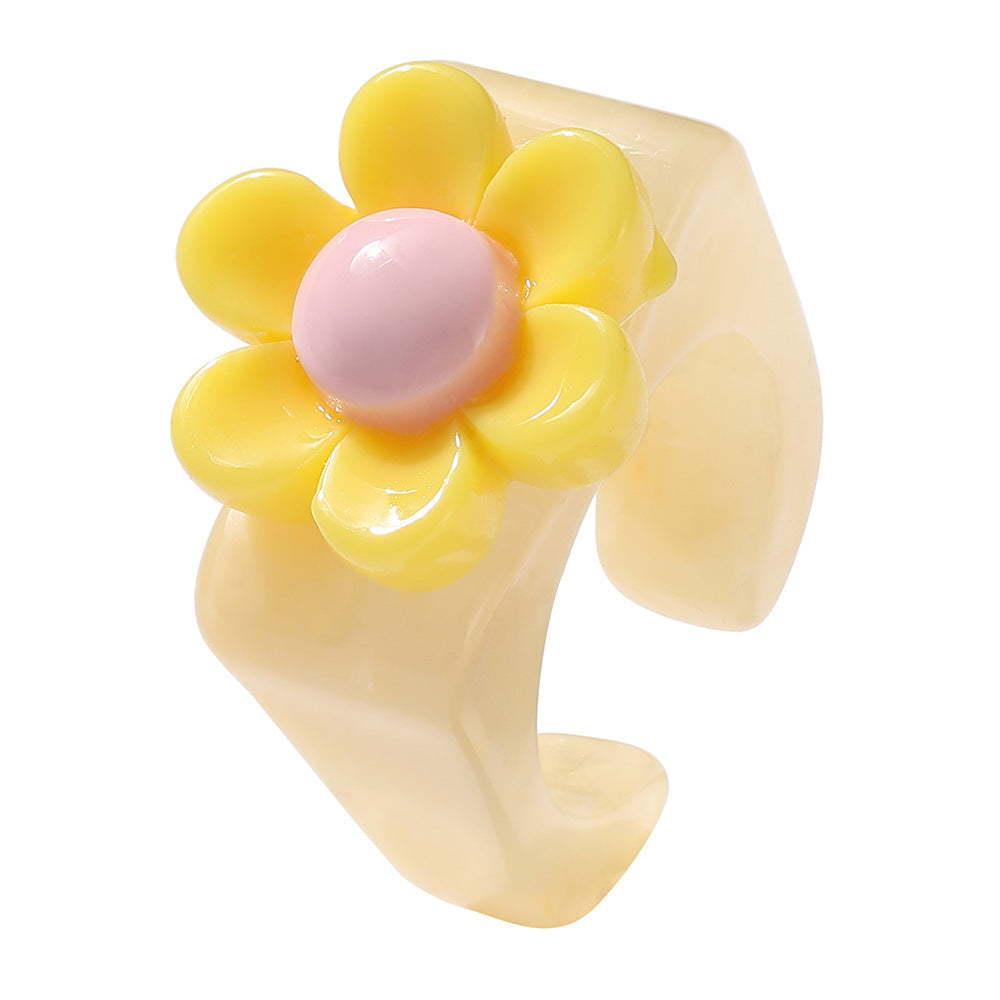 Adjustable Flower Ring With Daisy And Tulip Design Alloy Resin Tai Chi Style Ring For Women Elegant Accessory Piece