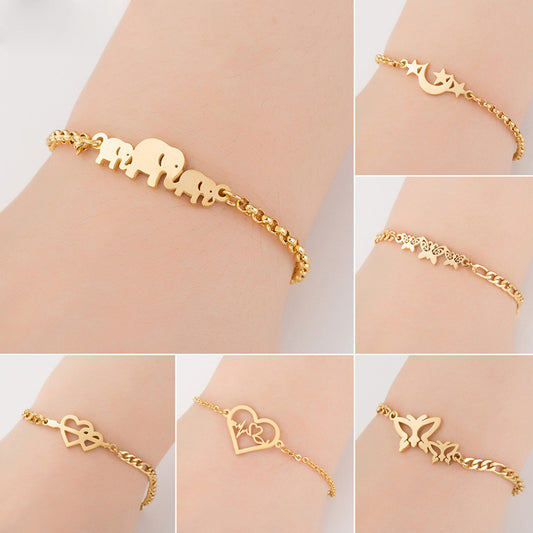 Womens Stainless Steel Bracelet With Elephant Charm Moon Star Charm Electroplated Korean Fashion Jewelry Bangle