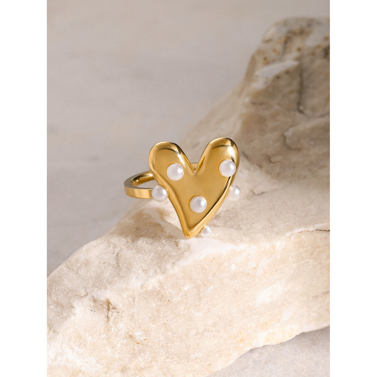 18K Gold Stainless Steel Ring Internet Celebrity Same Love Sticky Plastic Pearl
