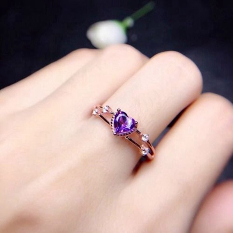 Womens Heart Ring Purple Zircon 14k Plated Copper Ring European American Fashion Jewelry Inlaid Heart Ring Gift For Her