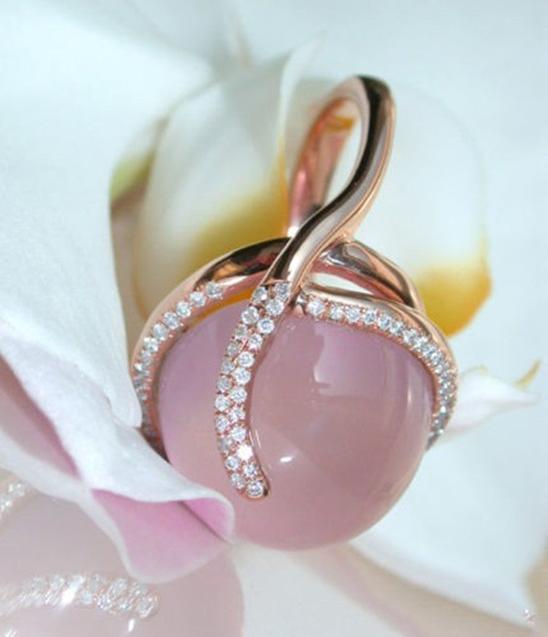 Pink Crystal Moonstone Diamond Ring Unisex Alloy Inlay Jewelry with Semi Precious Stones Gentle Shine Everyday