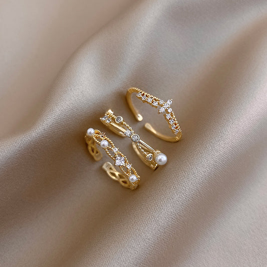 Zircon Pearl Ring With Crown Open Design And Star Accent For Elegant Japanese Korean Style Jewelry Elegant Gem