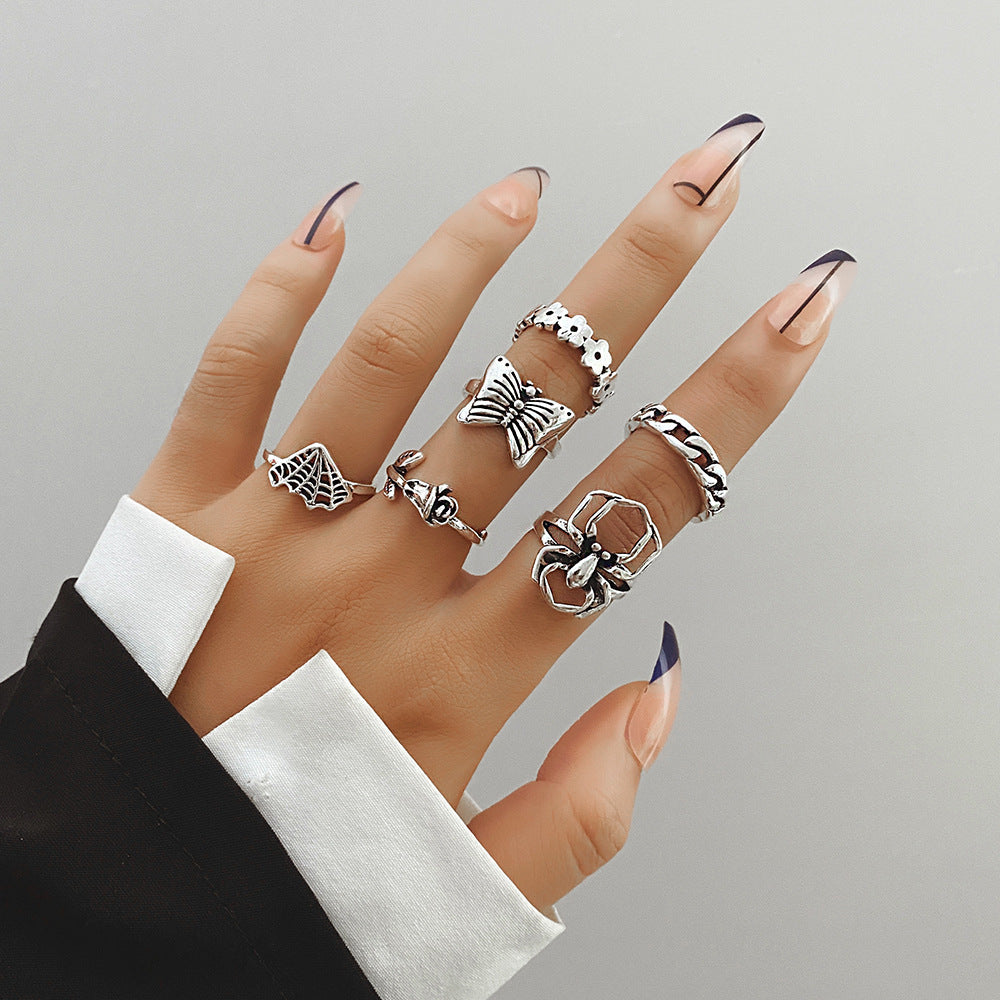 Womens Fashion Rings Geometric Hollow Flower Design Alloy Metal Electroplated Finish Statement Ring Set Flower