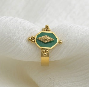 Womens Titanium Steel Ring Vintage Geometric Ring Electroplated Green Ring Fashion Jewelry All-match Ring Retro Ring Simple Ring
