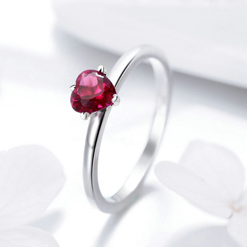 Sterling Silver Heart Ring With Red Zircon Inlay 925 Oxide Finish European Style Jewelry European American Jewelry