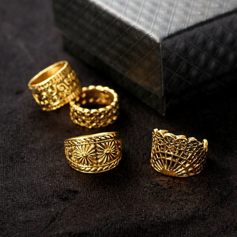 Vintage Retro Court Ring Set Four Piece Openwork Carved Fan Shaped Rings European American Simplicity Jewellery