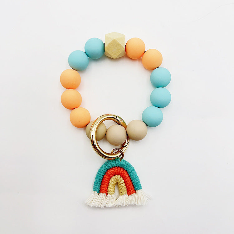 Beaded Bracelet Keychain Handmade Acrylic With Rainbow Tassel And Candy Color Beads European Style Fashionable