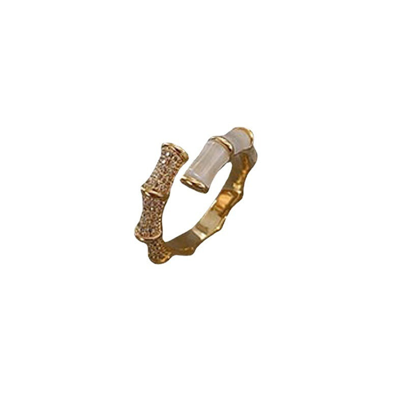 Womens Zircon Inlaid Copper Ring With Geometric Bamboo Design Adjustable One Size Jewelry For Daily Wear Everyday Style