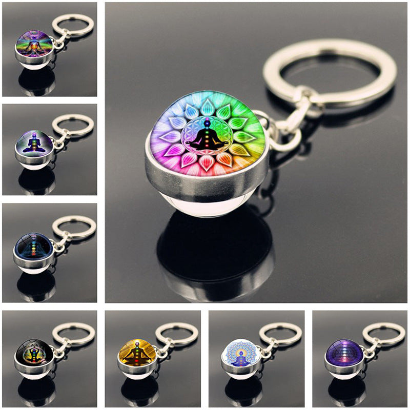 Yoga Keychain Double Sided Glass Ball Pendant Silver Plated Alloy Car Key Ring Bag Charm Decoration Gift Decor