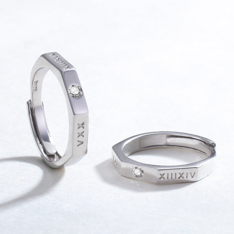 Couple Ring 925 Sterling Silver Roman Numeral Matching Rings For Men And Women Adjustable Opening Band Stylish