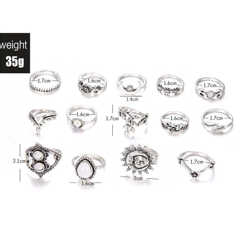 Womens Vintage Ring Set 14 Pieces With Sun Moon Flower Water Drop Designs And Artificial Gemstones Alloy Rings