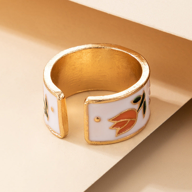 Flower Ring For Women Girls Personality Ring Dripping Oil Fashion Alloy Ring Alternative Jewelry Accessory Oil