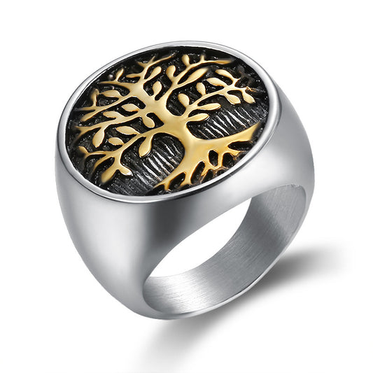 316 Stainless Steel Leaves Men's Suit Ring Wholesale Lucky Tree Ring European And American Retro Titanium Steel Ring