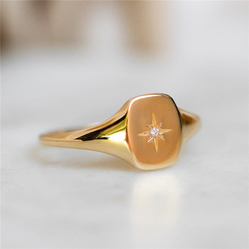 Rings European American Hexagonal Star Seal Personality Square Ring Copper Electroplating Style Women Size 5 6 7 8 9 10