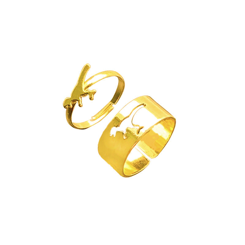 Animal Ring Set Two Piece Gold Plated Metal Rings Adjustable Geometric Design Dinosaur Jewelry Great Gift For Dinosaurs