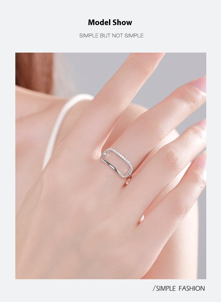 Womens Sterling Silver Ring Geometric Ellipse Zircon Inlaid Rectangular Ring Affordable Luxury For Her Stylish