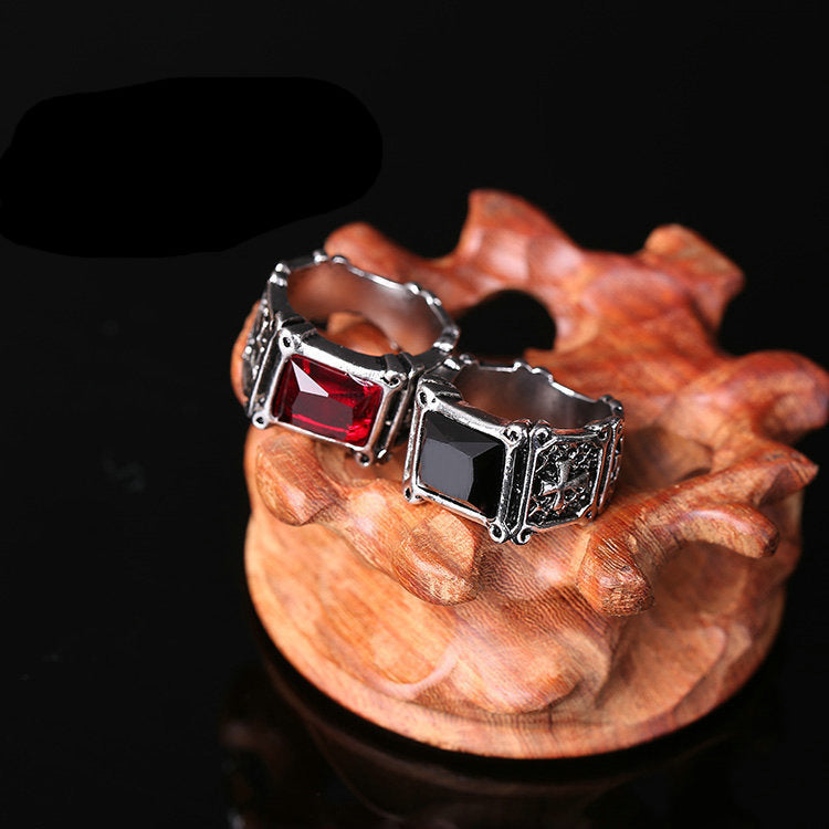 Mens Vintage Alloy Ring Gothic Cross Design With Red Rubies Electroplated Finish Perfect Gift For Men Fashion Ring And