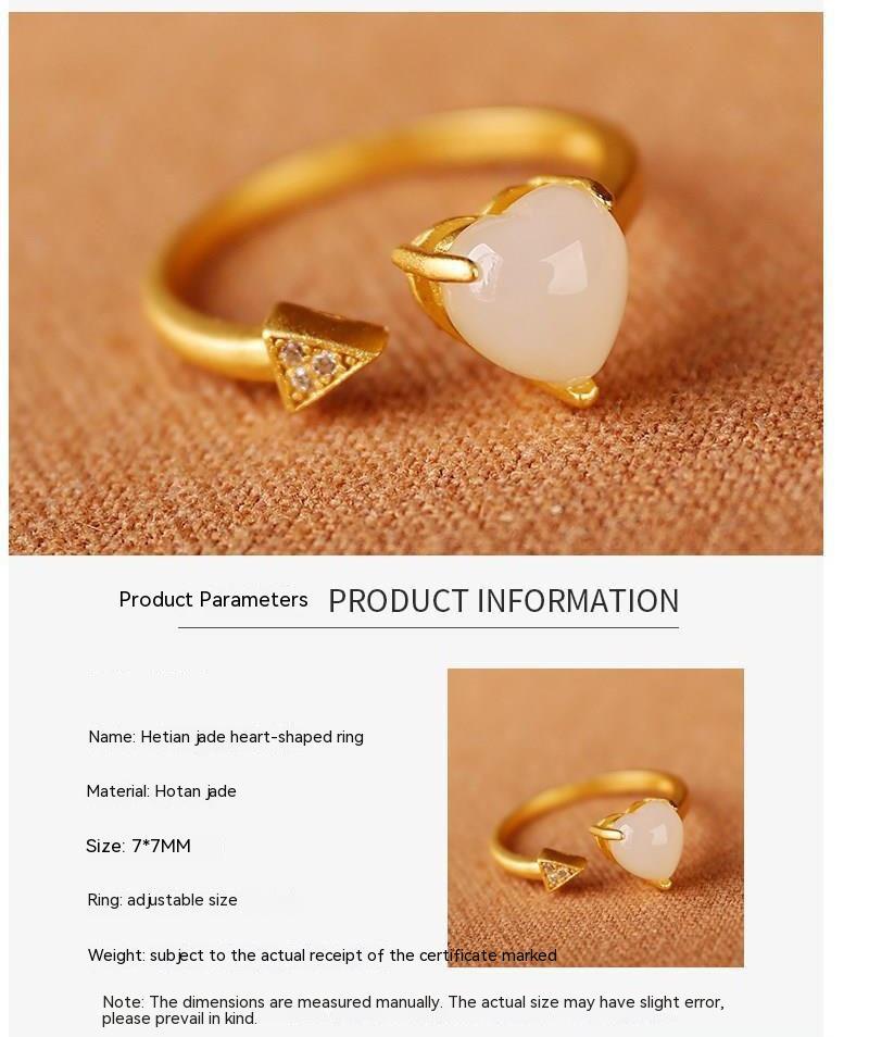 Women's Heart Ring Adjustable Opening Copper Electroplated Ring with Jade Stone Minimalist Design Open Ring for Her Animal Zodiac Ring National Fashion