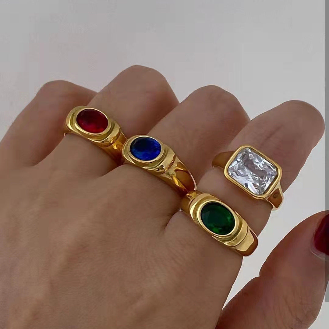 18K Gold Plated Stainless Steel Ring Square Zircon Fashion Jewelry Glossy Finish Ring Souvenir Tour Gift Elegant